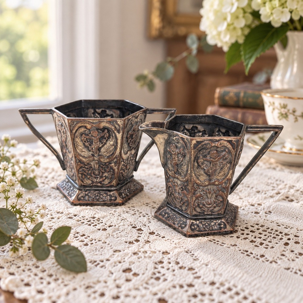 Antique Creamer Sugar Set Silver E. G. Webster & Son Cherub Hexagonal Antique
